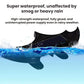 Solar-powered rear wing light with bat-shaped black housing and solar panel; water splash view
