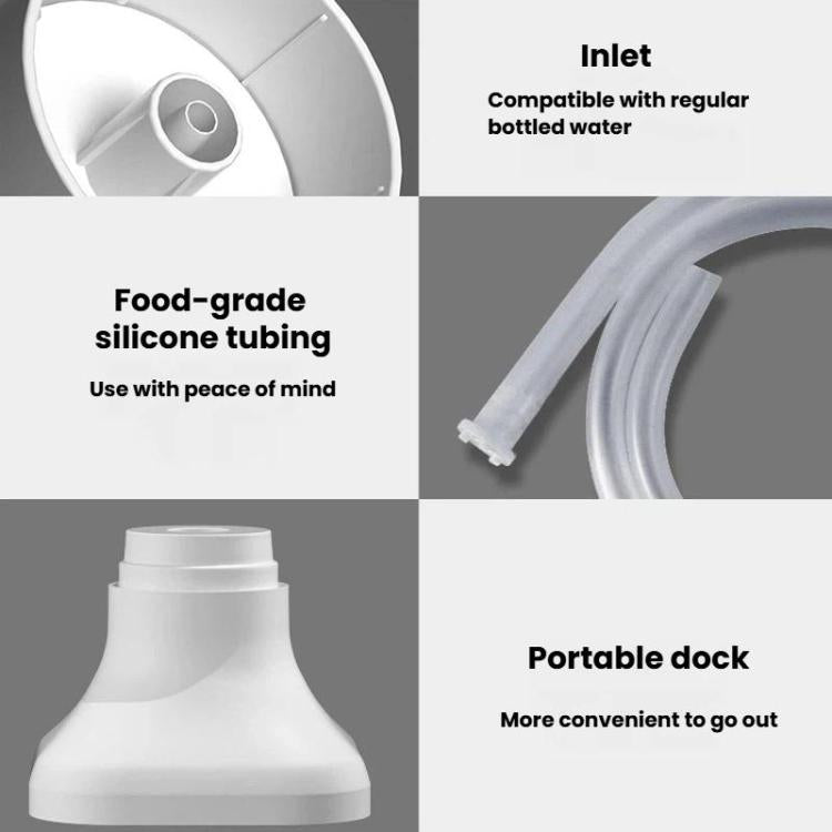 Water pump components: inlet, food-grade silicone tubing, and portable dock