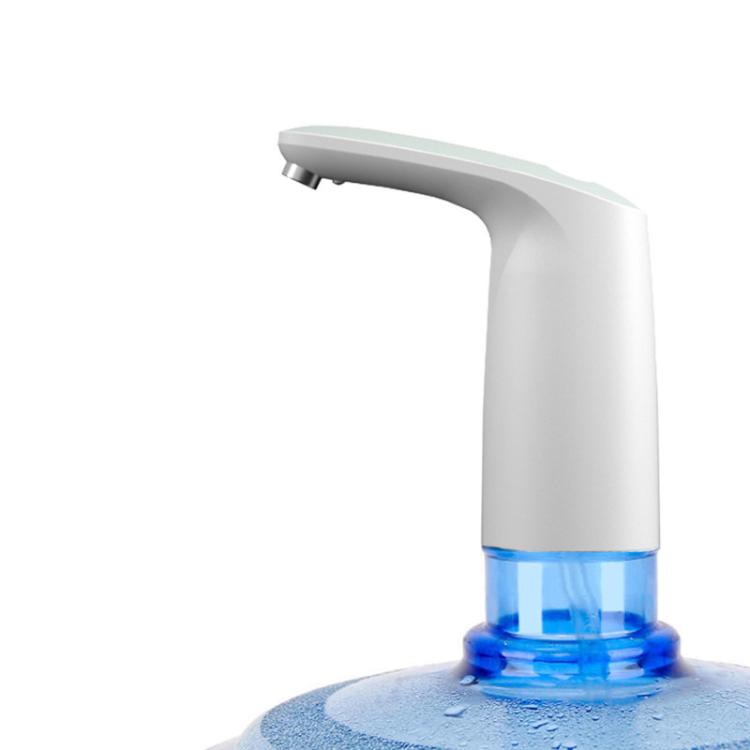 Electric water pump dispensing water from curved spout into bottle, white body