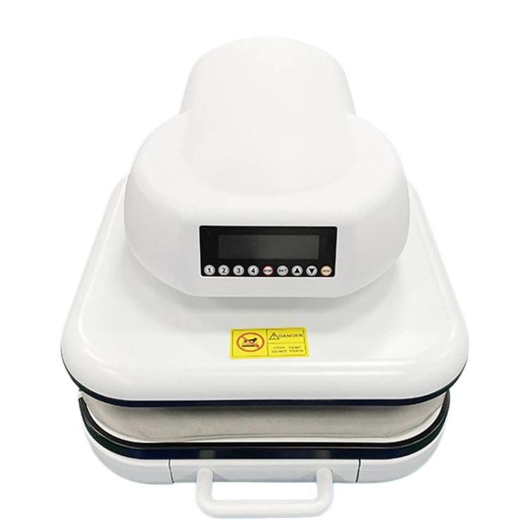 White electric heat press with digital display, dark base, and front carry handle