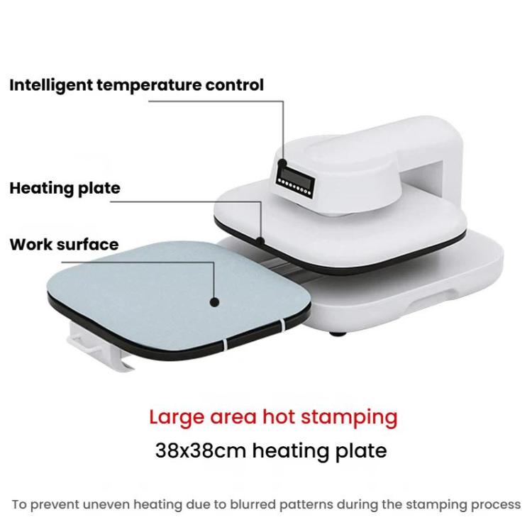 White heat press with removable heating plate and illustrated work surface area