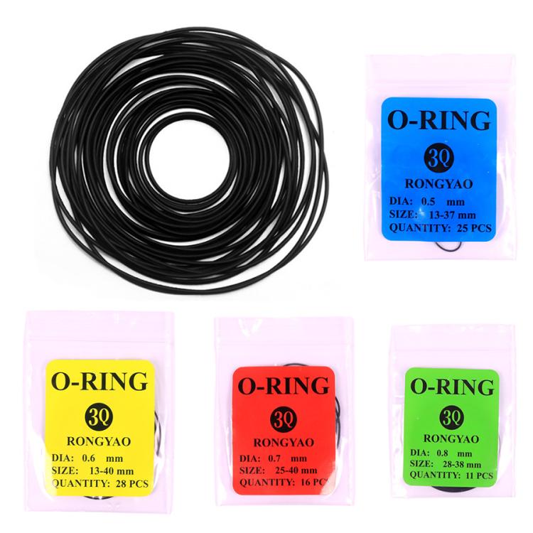 Watch back cover O-ring seal kit with black O-rings and four labeled size packets
