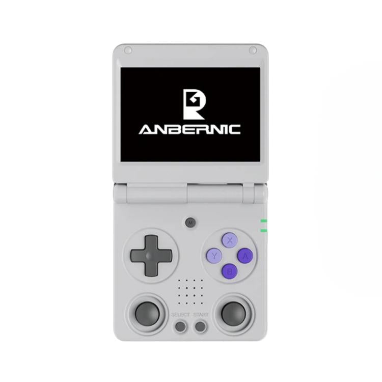 Gray handheld retro gaming console with dual joysticks, plus button, and action buttons