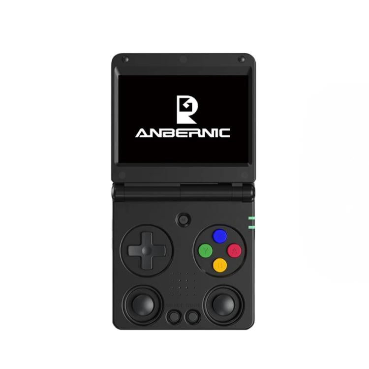 Black handheld retro gaming console with dual joysticks and four-color action pad
