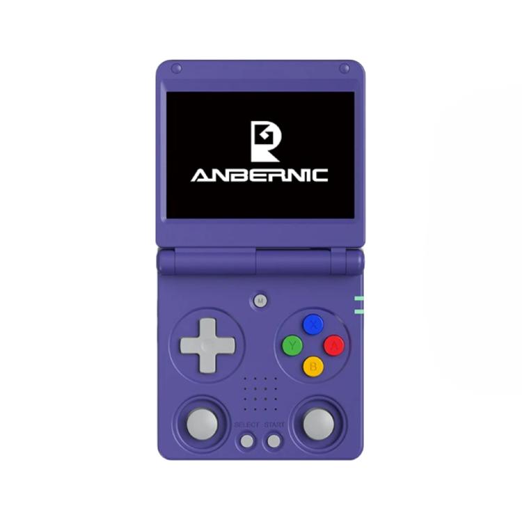 Purple handheld retro gaming console with dual joysticks and circular colored action buttons