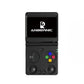 Black clamshell handheld retro gaming console with screen and dual analog sticks