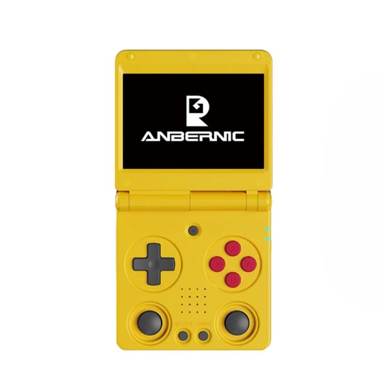 Yellow handheld retro gaming console with screen and dual joysticks in closed position
