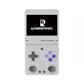 Gray handheld retro gaming console with plus pad and dual thumbsticks, open clamshell