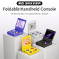Foldable handheld retro game consoles in multiple colors on display stands