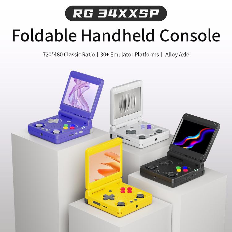 Foldable handheld retro game consoles in multiple colors on display stands