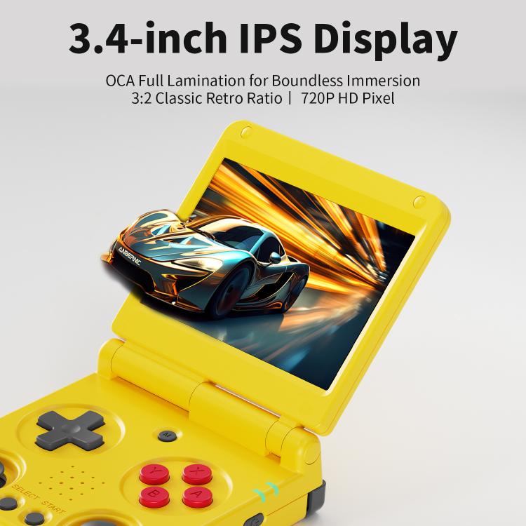 Yellow 3.4-inch clamshell handheld retro game console with open screen display