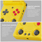 Yellow clamshell handheld retro game console close-up of dual joysticks and buttons
