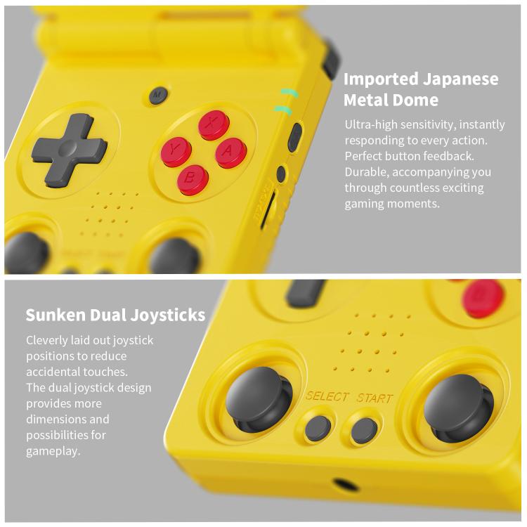 Yellow clamshell handheld retro game console close-up of dual joysticks and buttons