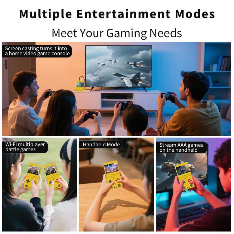 Yellow handheld retro game console in use for handheld and screen-based gaming