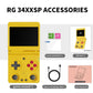 Yellow clamshell handheld game console with screen, D-pad, dual joysticks, and buttons