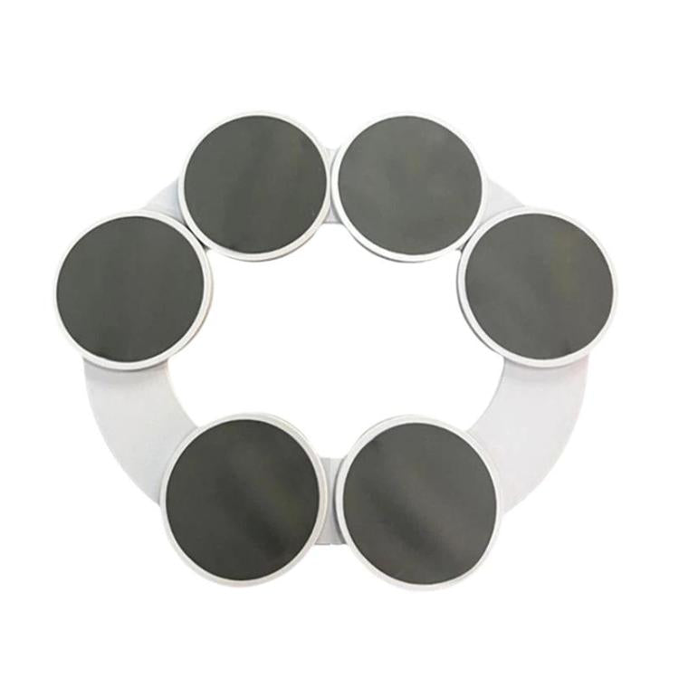 Rotating Lazy Susan serving tray with eight dark round plates and white rim