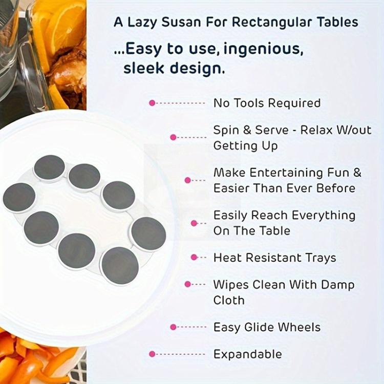 Printed features card showing Lazy Susan rotating tray with eight plate positions