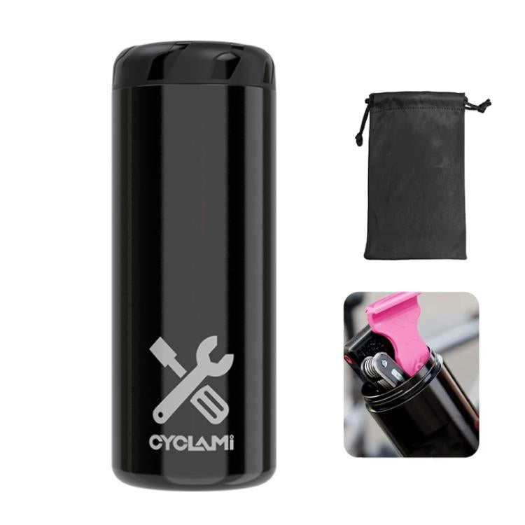 Black bicycle repair tool canister with CYCLAMi wrench-and-spanner logo and pouch