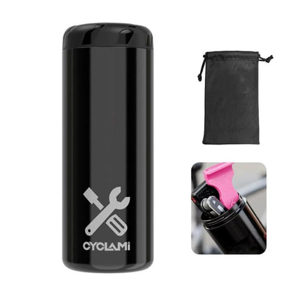 Black bicycle repair tool canister with CYCLAMi wrench-and-spanner logo and pouch