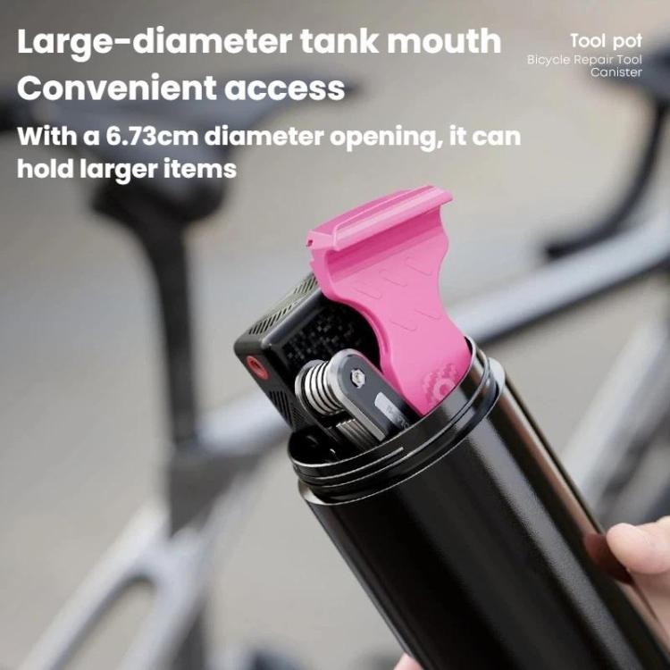 Black tool canister with open large tank mouth and pink cap insert