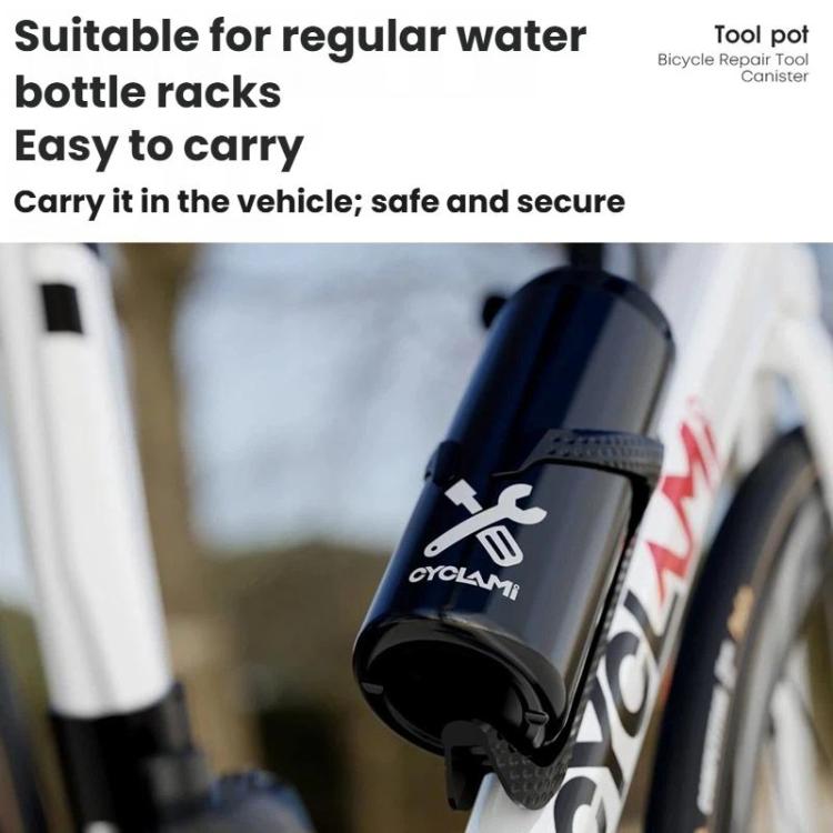 Black water bottle–style repair tool canister for bike racks