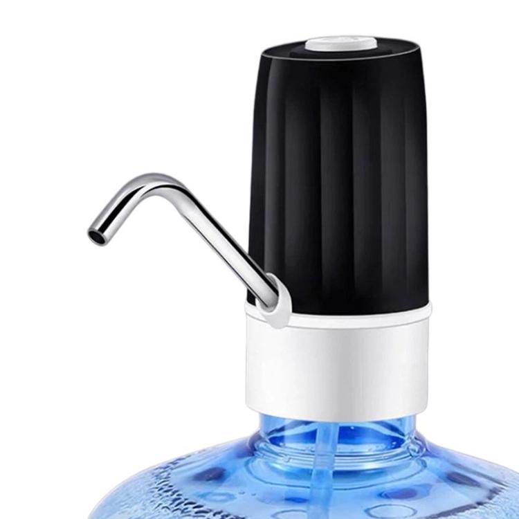 Black electric water dispenser with curved metal spout and white base over water bottle