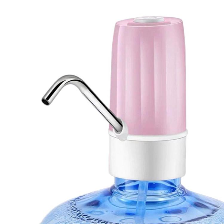 Pink electric water dispenser with curved metal spout and white base over water bottle