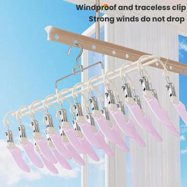 White drying clip hanger with pink and pastel padded clamps for socks and underwear