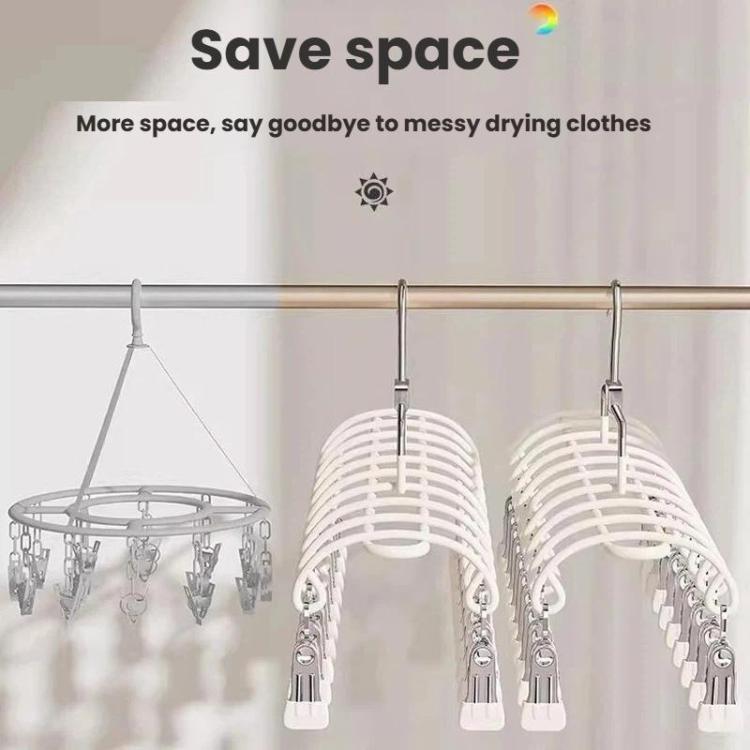 White drying clip hanger with curved arms and 20 stainless steel clips