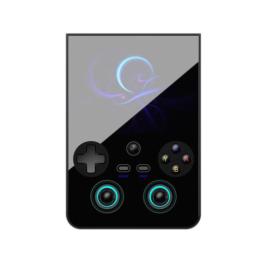 Black vertical handheld game console with illuminated ring analog sticks