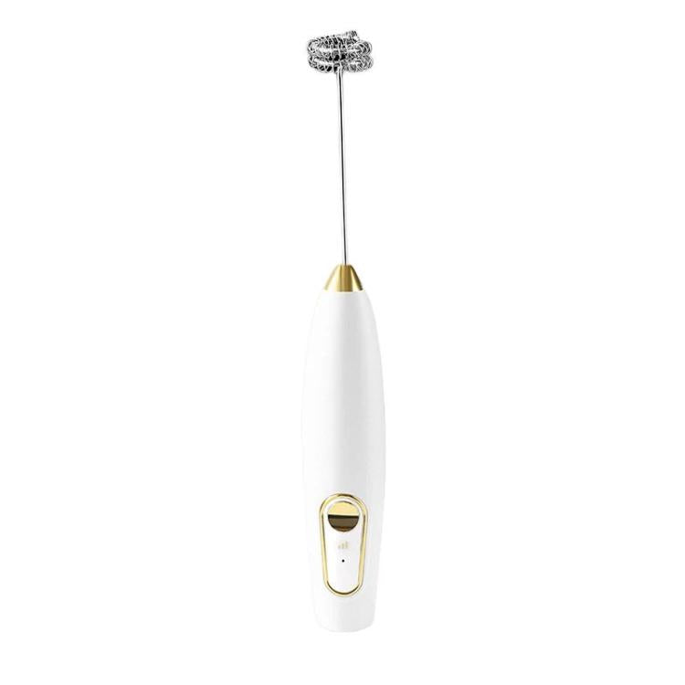 White wireless handheld milk frother with stainless whisk attachment and power button.
