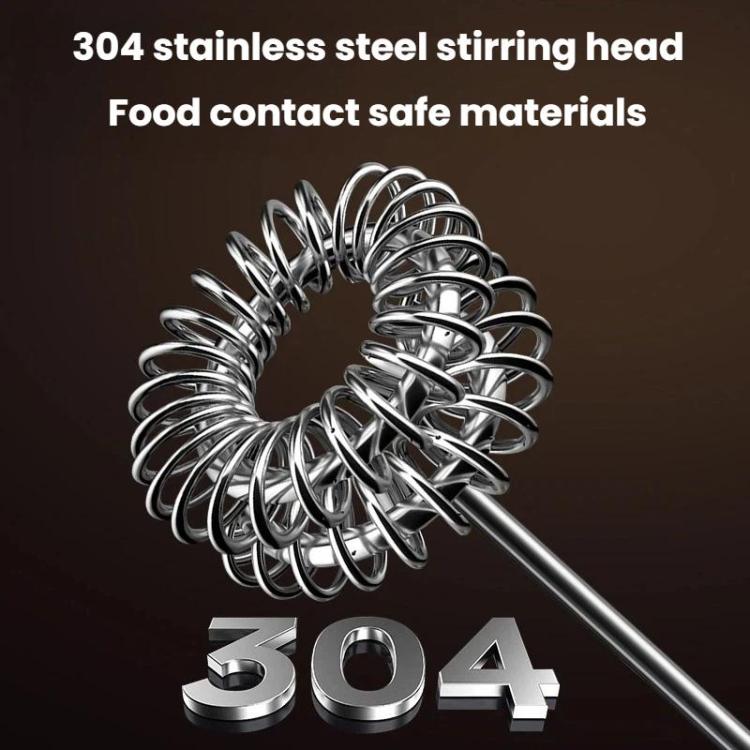 Stainless steel stirring whisk head with metal coil for milk frothing.