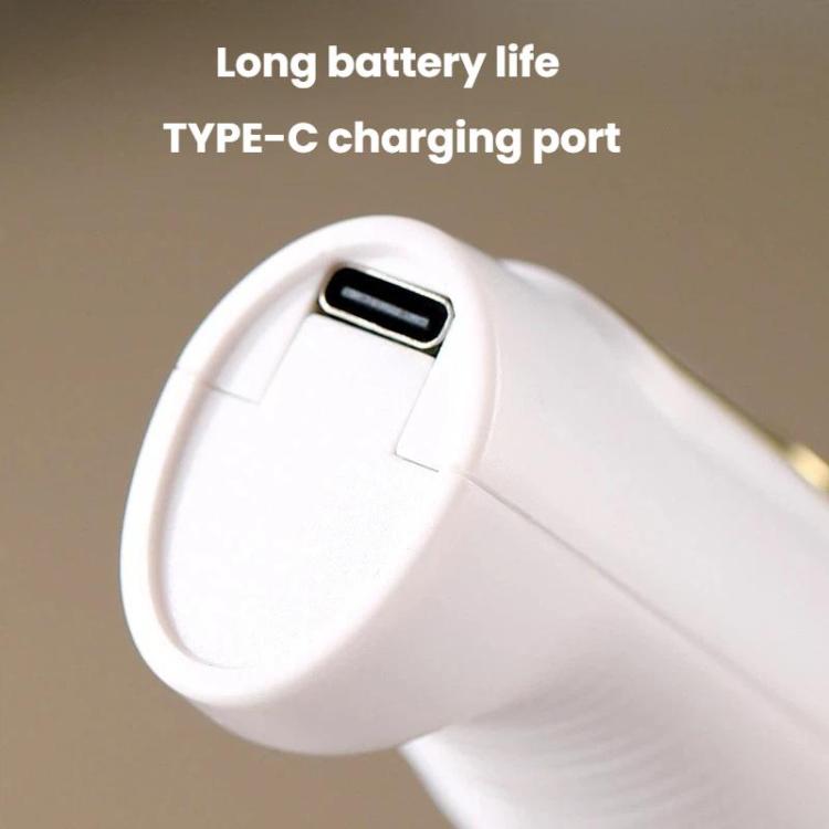 White handheld milk frother showing Type-C charging port on the base.