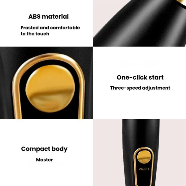 Black handheld milk frother body with gold control ring and on/off button.