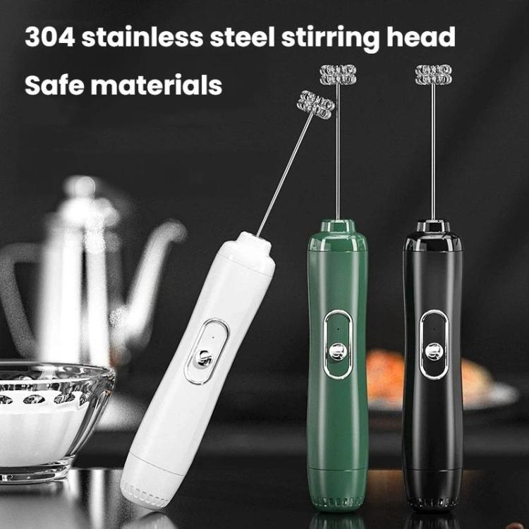 Milk frother whisk with stainless steel stirring head, shown in white, green, black
