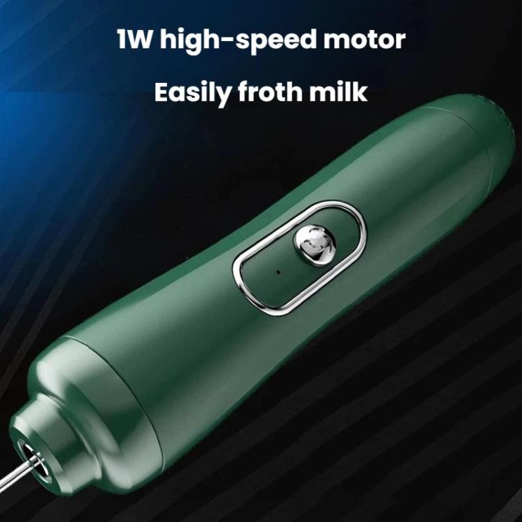 Green handheld milk frother whisk with oval power button and rotating whisk head