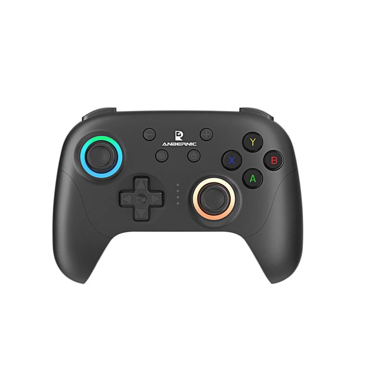 Black game controller with colored ABXY buttons, D-pad, and glowing thumbstick rings