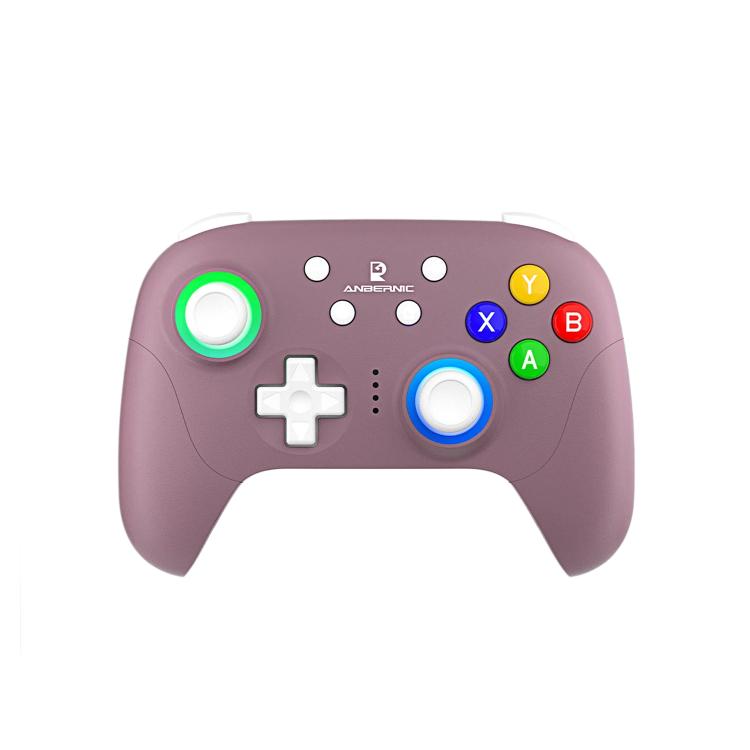 Purple game controller with colored ABXY buttons, D-pad, and glowing thumbstick rings