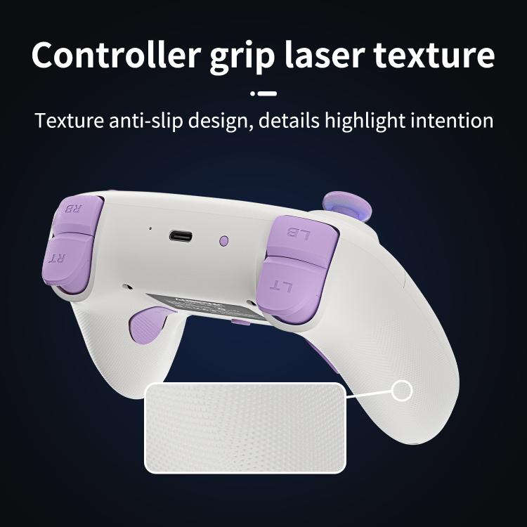 White controller with textured anti-slip grips and purple trigger caps