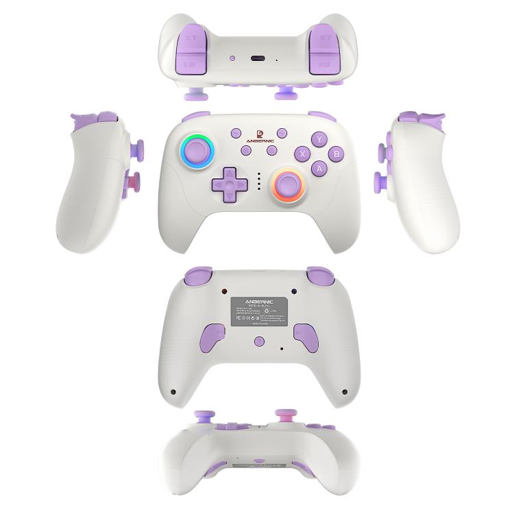 White gaming controller with purple thumb grips and RGB-lit control accents