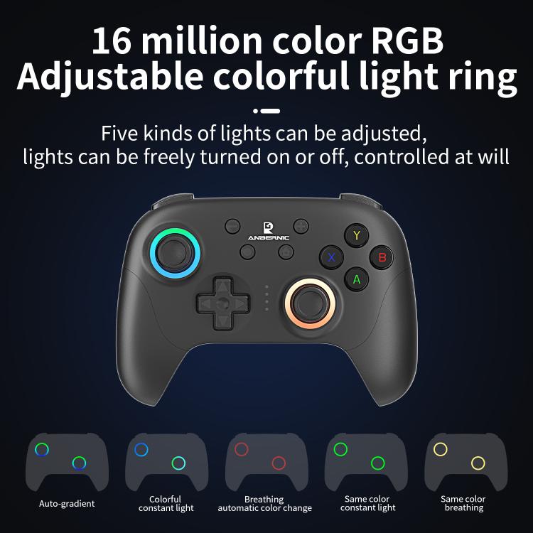 Black game controller with adjustable RGB color light ring around the left stick