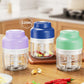 320ml mini electric food chopper set in blue, green, and purple with clear cutting bowl
