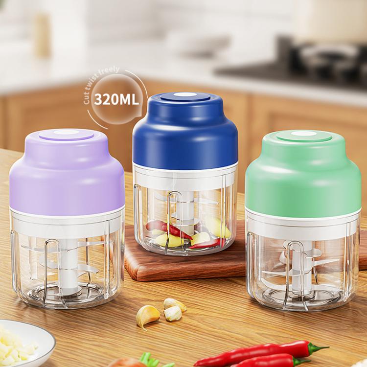 320ml mini electric food chopper set in blue, green, and purple with clear cutting bowl