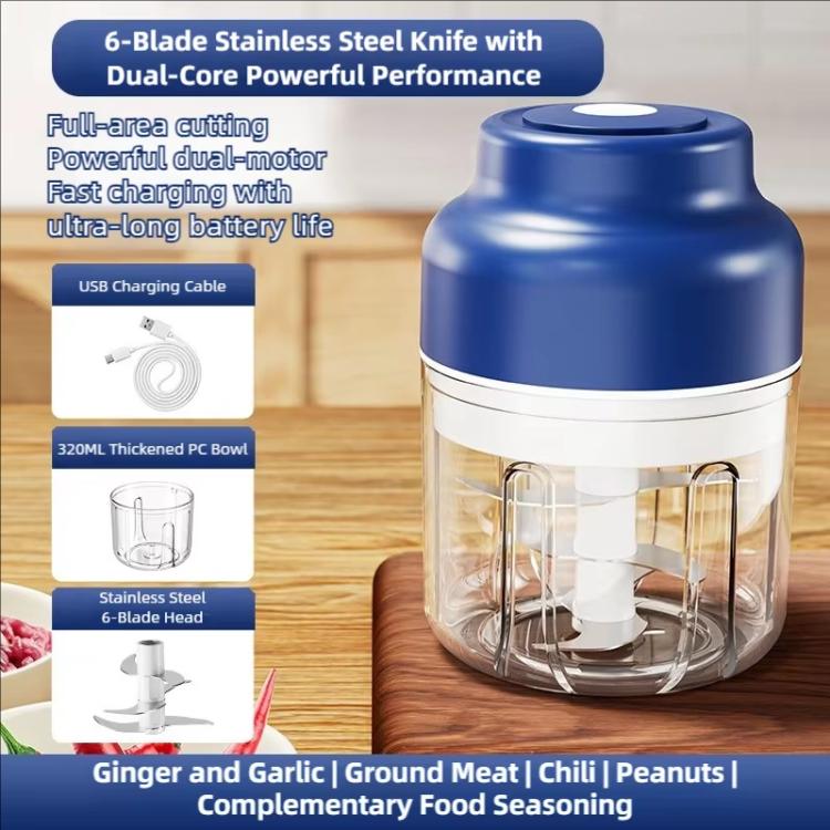 Blue wireless chopper base with clear container and visible stainless blade assembly