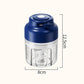 Blue 320ml compact electric chopper with clear cup and side measurement dimensions