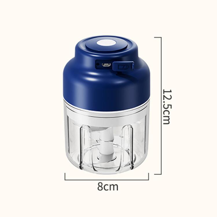 Blue 320ml compact electric chopper with clear cup and side measurement dimensions