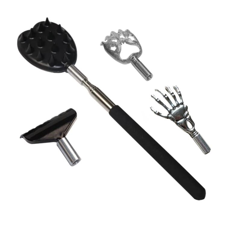 4-piece back scratcher set with black spiked and metal claw heads, extendable handle