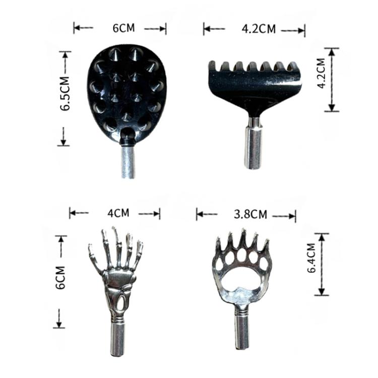 Back scratcher set with four interchangeable heads shown with size measurements