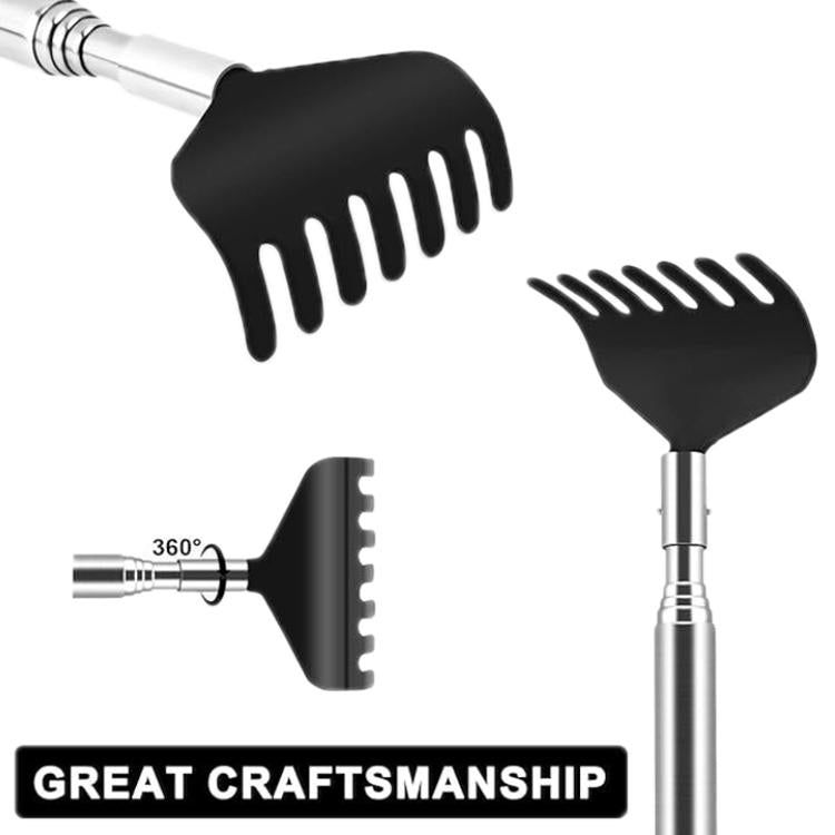 Long-handled back scratcher with black ridged head attachments and adjustable 360 joint
