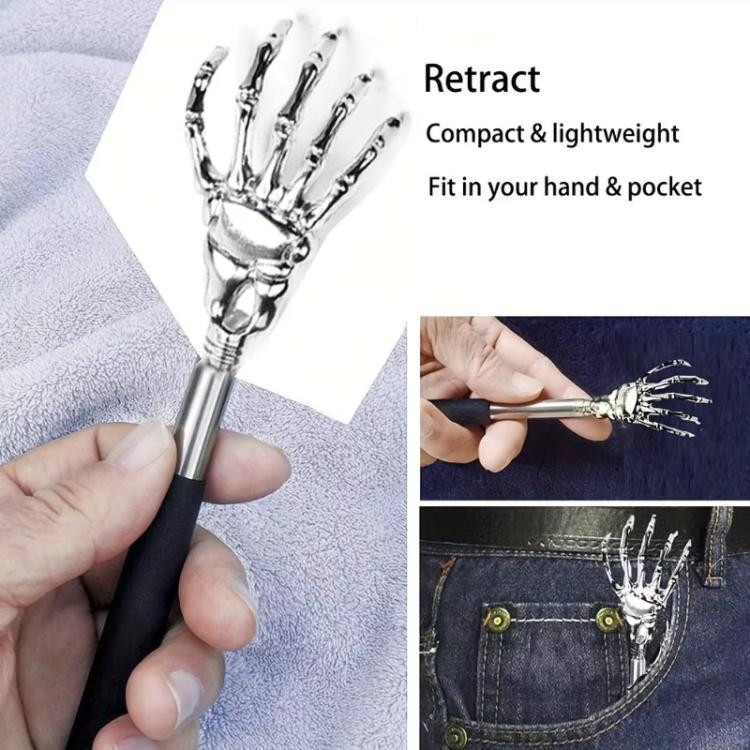 Retractable back scratcher with metal claw head, black handle, and compact handhold design